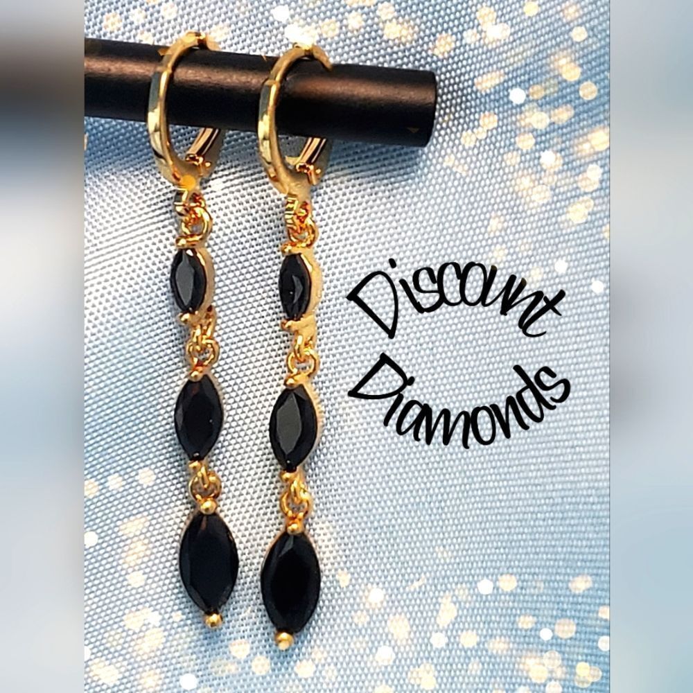 Genuine Black Onyx 18K Gold Plating on 925 Sterling Silver Short Dangle Earrings